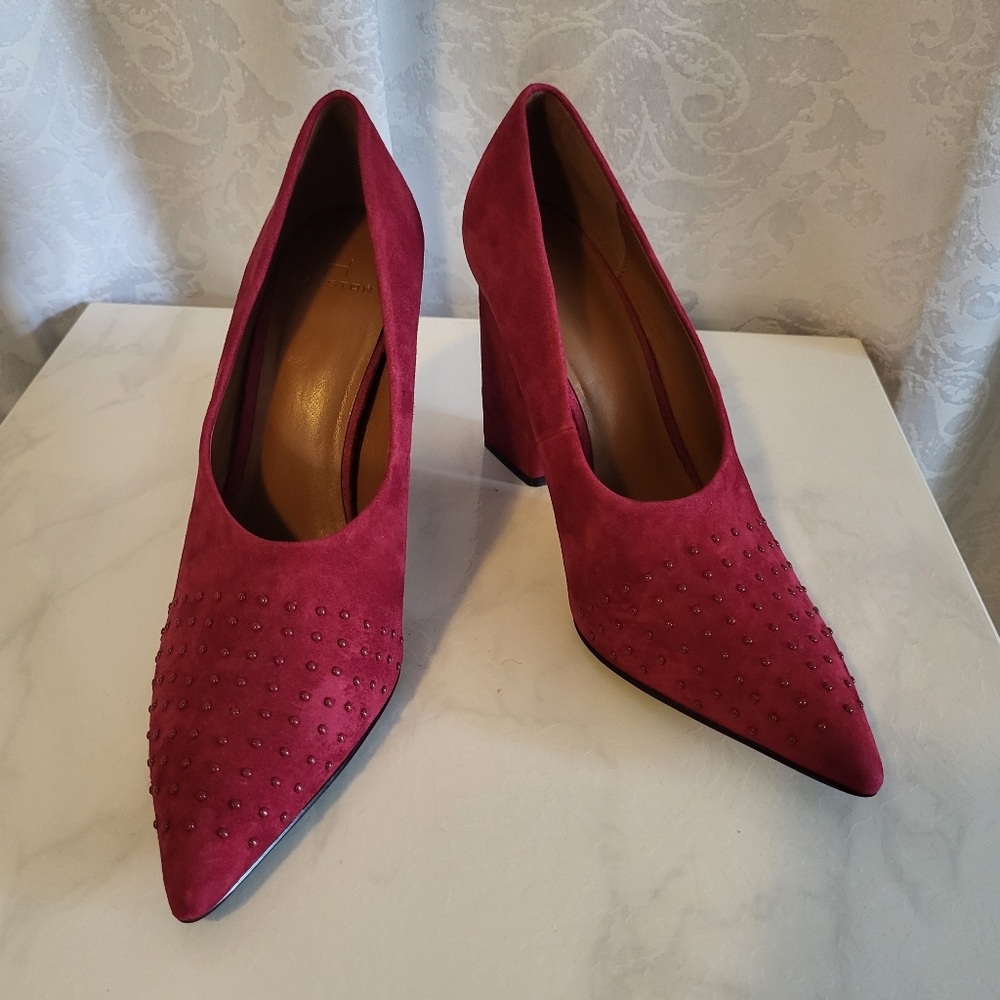 H Halston Moyen Laurel, Suede Studded Pumps, Women Size 10M, Ruby, Raspberry